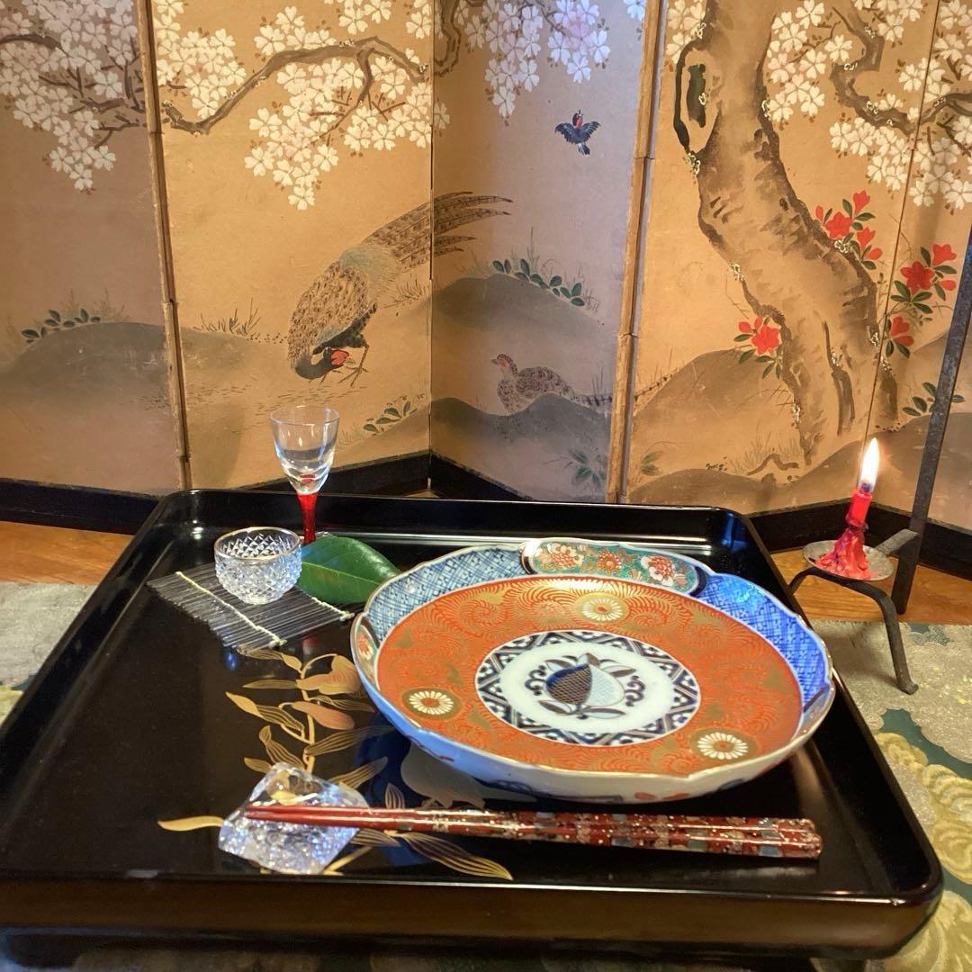 A919 古伊万里　金襴手　見込桃　赤絵　金花唐草　綾花型　7寸　５枚