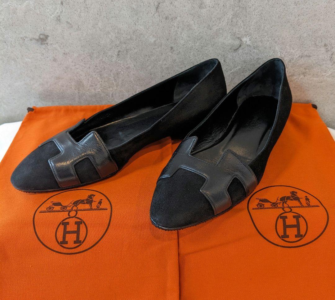 ☆HERMES☆Hロゴの牛革とバックスキン異素材のフラットシューズ黒 362/1
