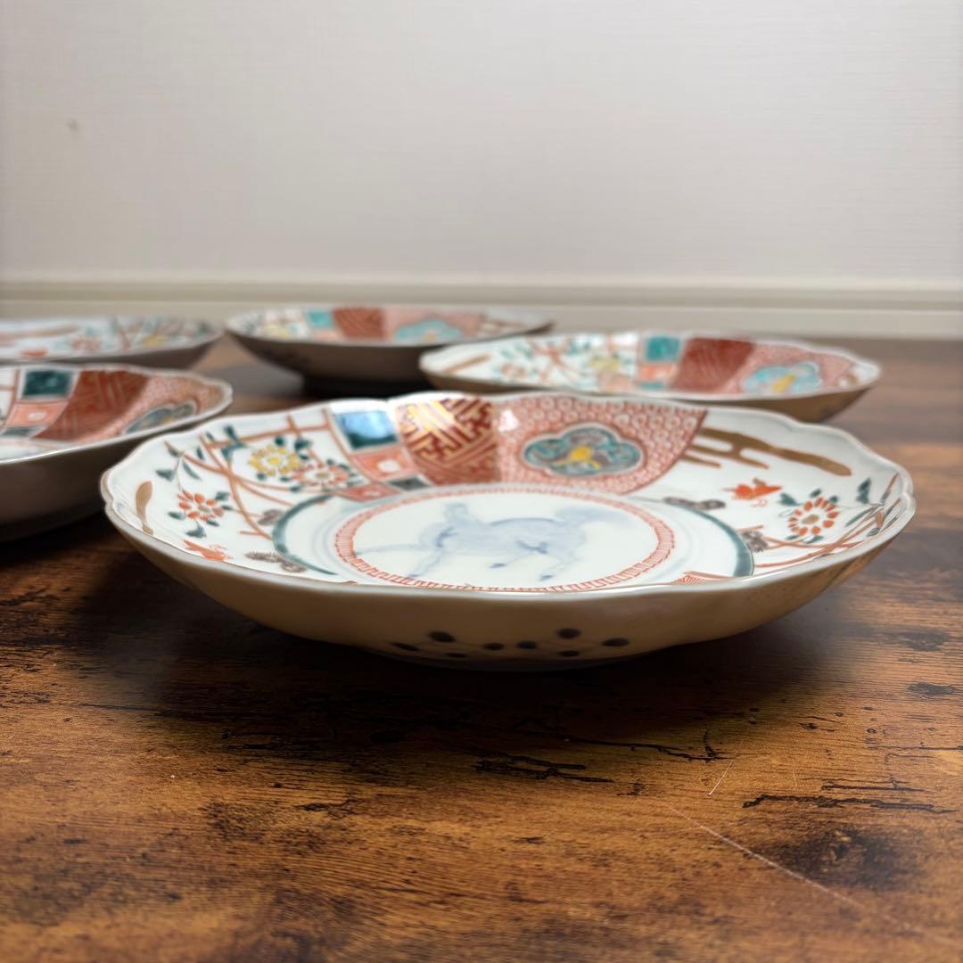 古伊万里　赤絵麒麟図七寸皿五客　大皿/中皿/アンティーク/お皿 020