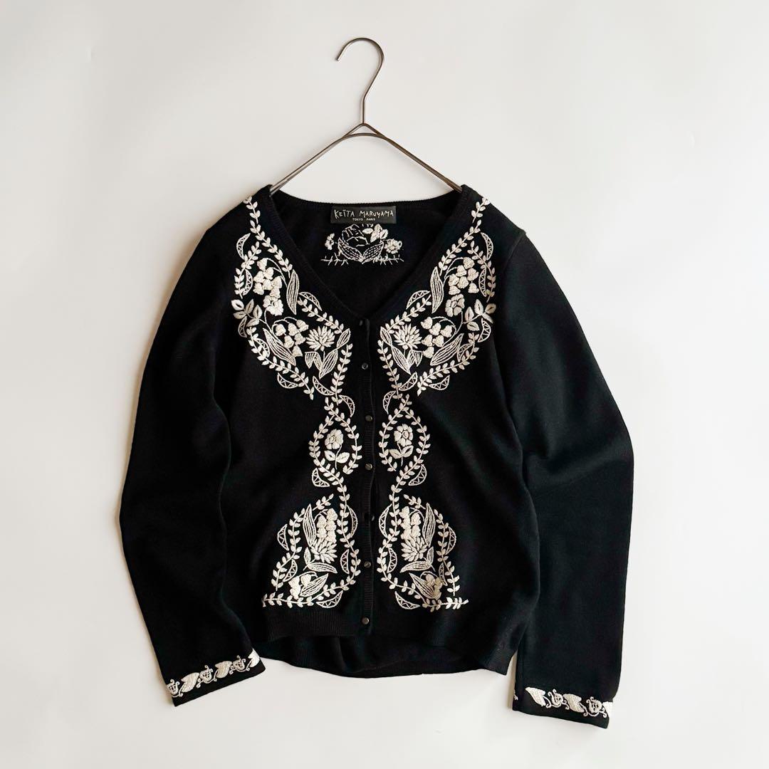 ケイタマルヤマ ウールカシミヤ ニット カーディガン 花刺繍 黒 1 フラワー