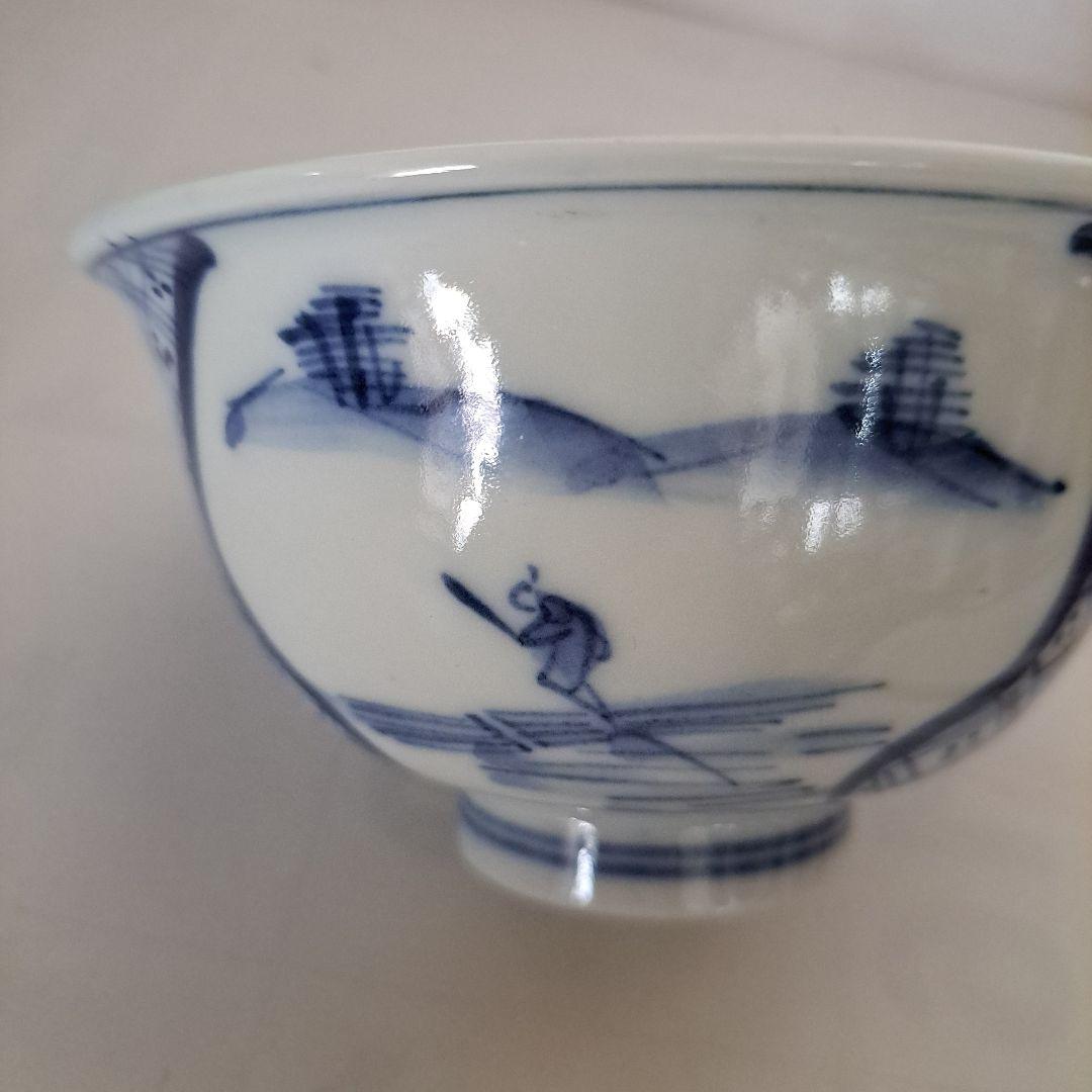 江戸中期　盛化年　薄焼　反縁　白磁椀　染付青磁　縦三割文　古伊万里染付