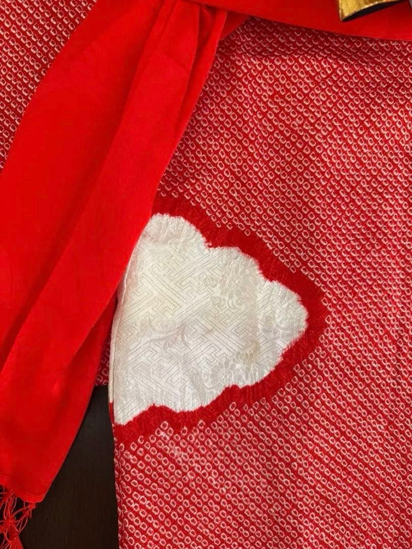 赤色花柄刺繍着物 七五三用　正絹総絞り　7歳