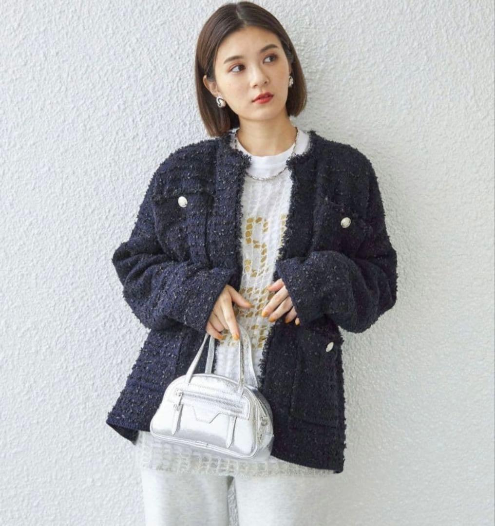 【美品】シップス　23AW ニット ツイード カーディガン　ネイビー 銀ボタン