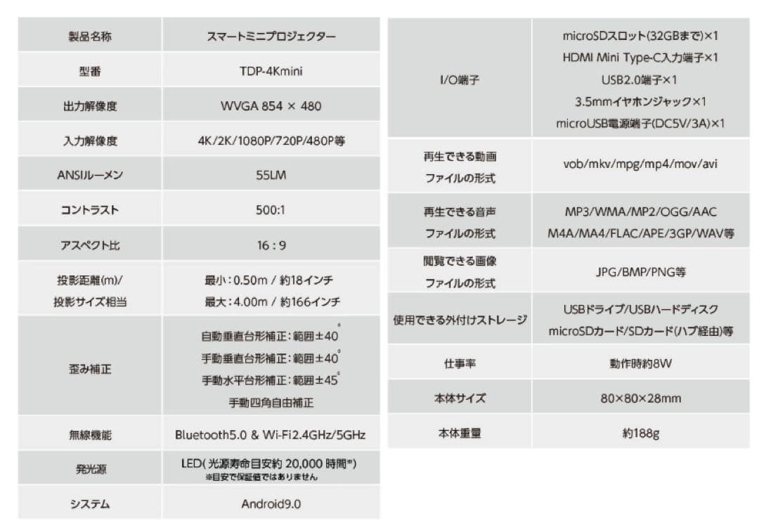 Youtube内蔵4K対応スマートミニモバイルプロジェクター