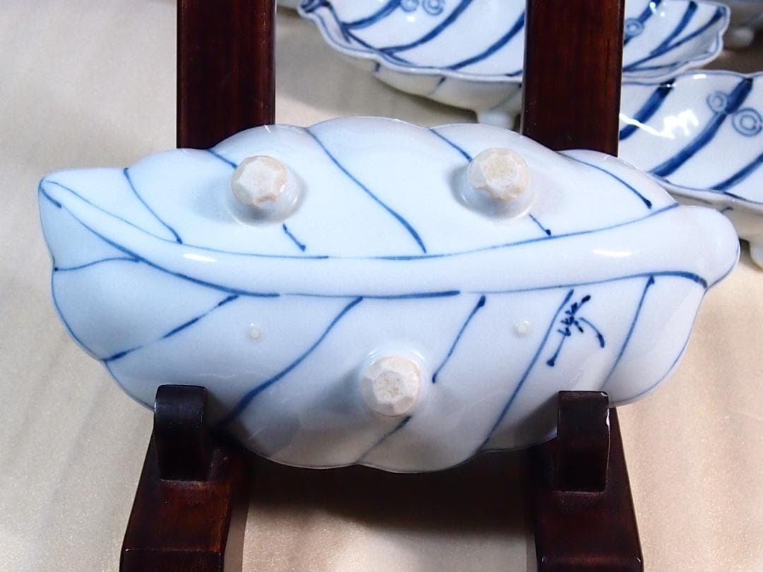 【未使用】高橋芳宣 染付葉型向付 7客 葉文向附 銘々皿/菓子皿 茶道具 食器