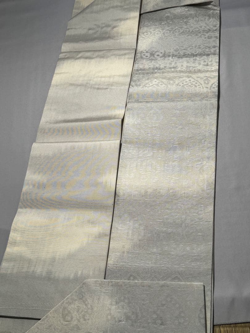 [美品] 名古屋帯　正絹　白　霞　更紗　唐草　洒落帯　カジュアル　小紋　紬