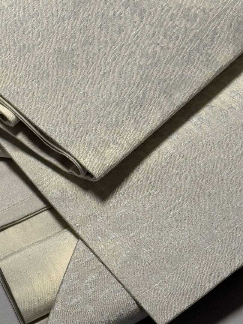 [美品] 名古屋帯　正絹　白　霞　更紗　唐草　洒落帯　カジュアル　小紋　紬