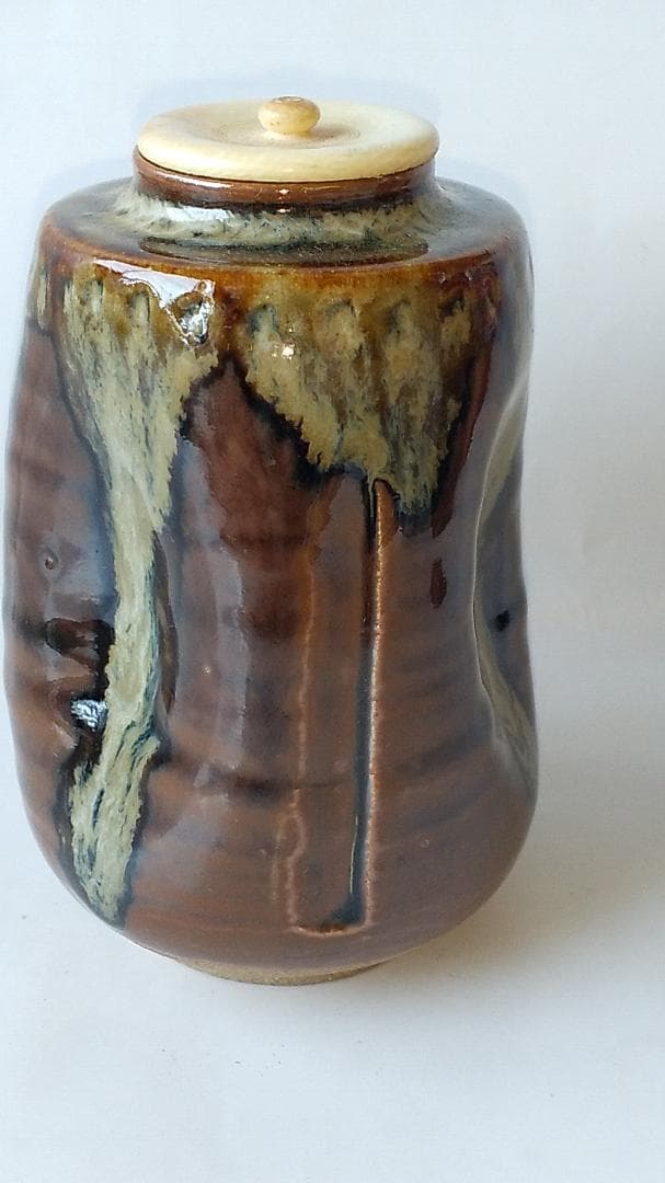 膳所焼 淡海ぜぜ 陽炎園 茶入 仕覆 名物裂 藤種緞子 茶道具 共箱 美品 です