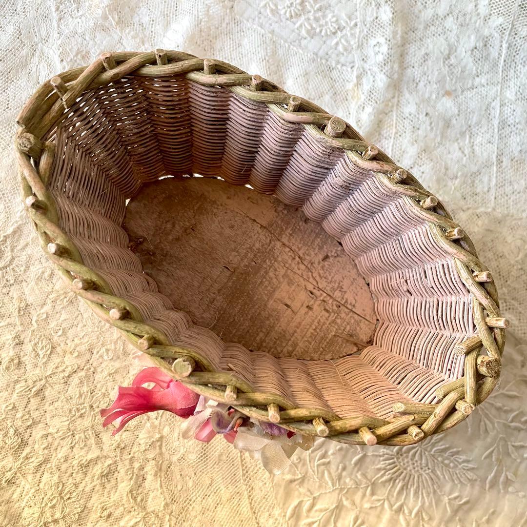 布花付きピンクドールパニエ　フランスアンティーク　かごカゴ籠　プレゼンテーション