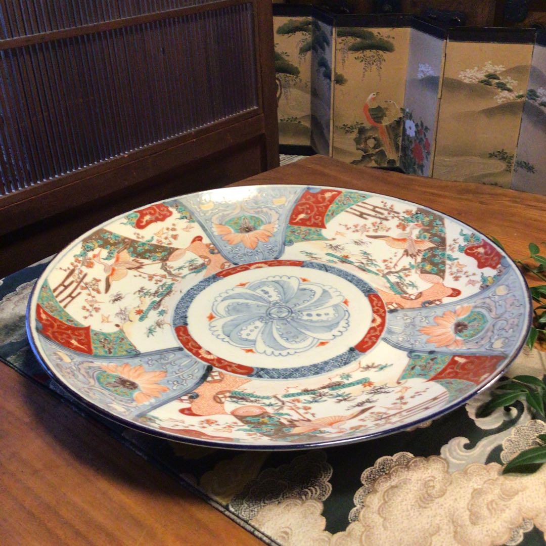 A866 古伊万里　染錦手　見込花　雲鶴紋様　（1尺5寸）大皿