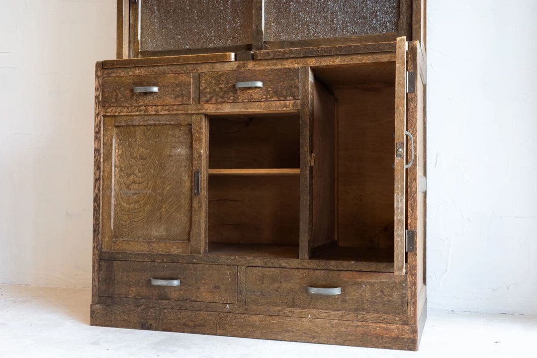 昭和レトロ 食器棚 水屋箪笥 ガラス引き戸 折り畳み天板付