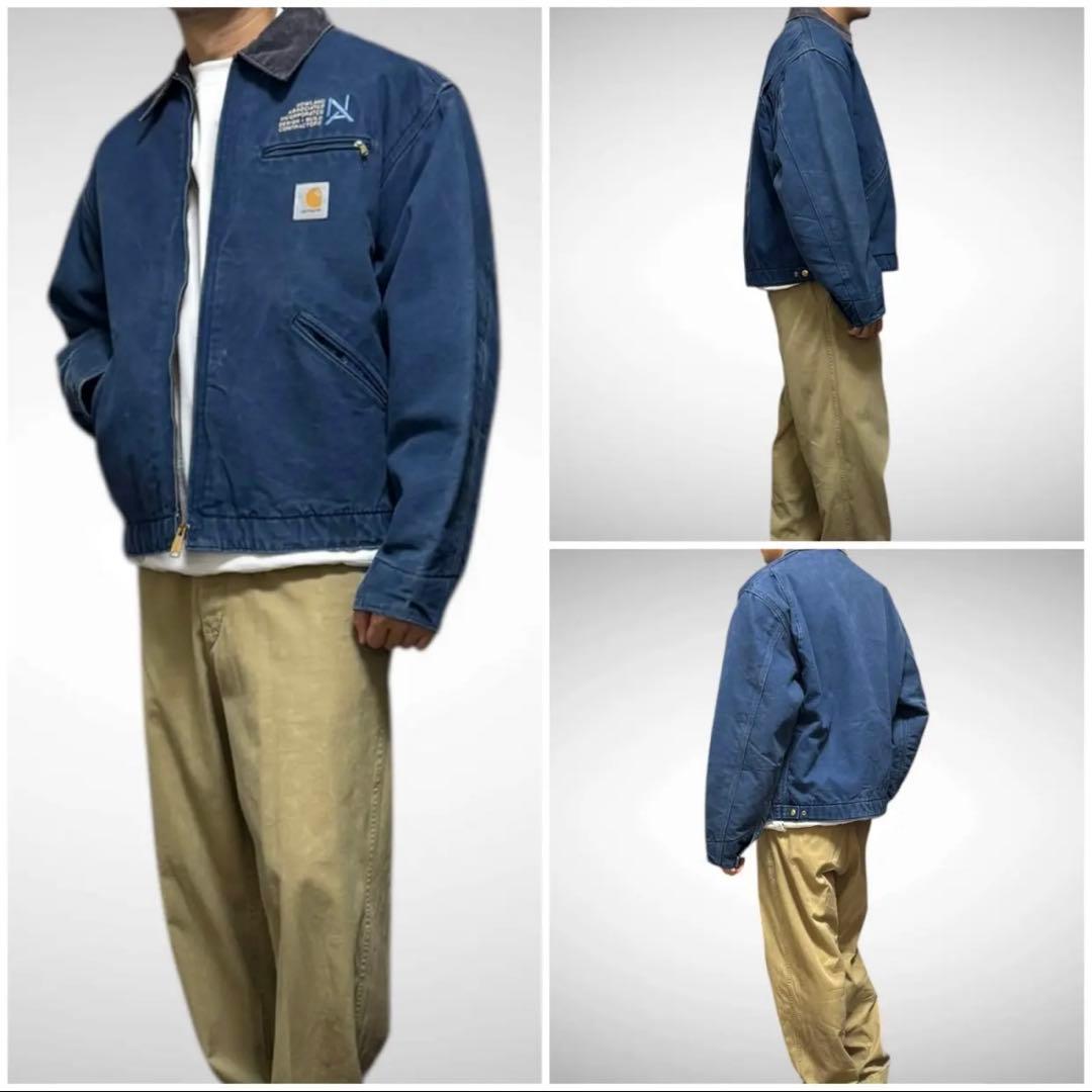 00sUSA製カーハートデトロイトジャケットブルーダックジャケット企業ロゴ短丈