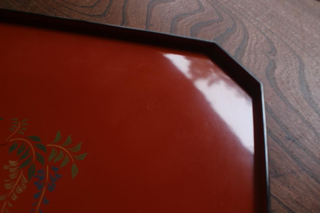 傷有参考品！時代朱漆に風情ある草花絵の映える折敷2点（検輪島塗京塗懐石膳お膳お盆