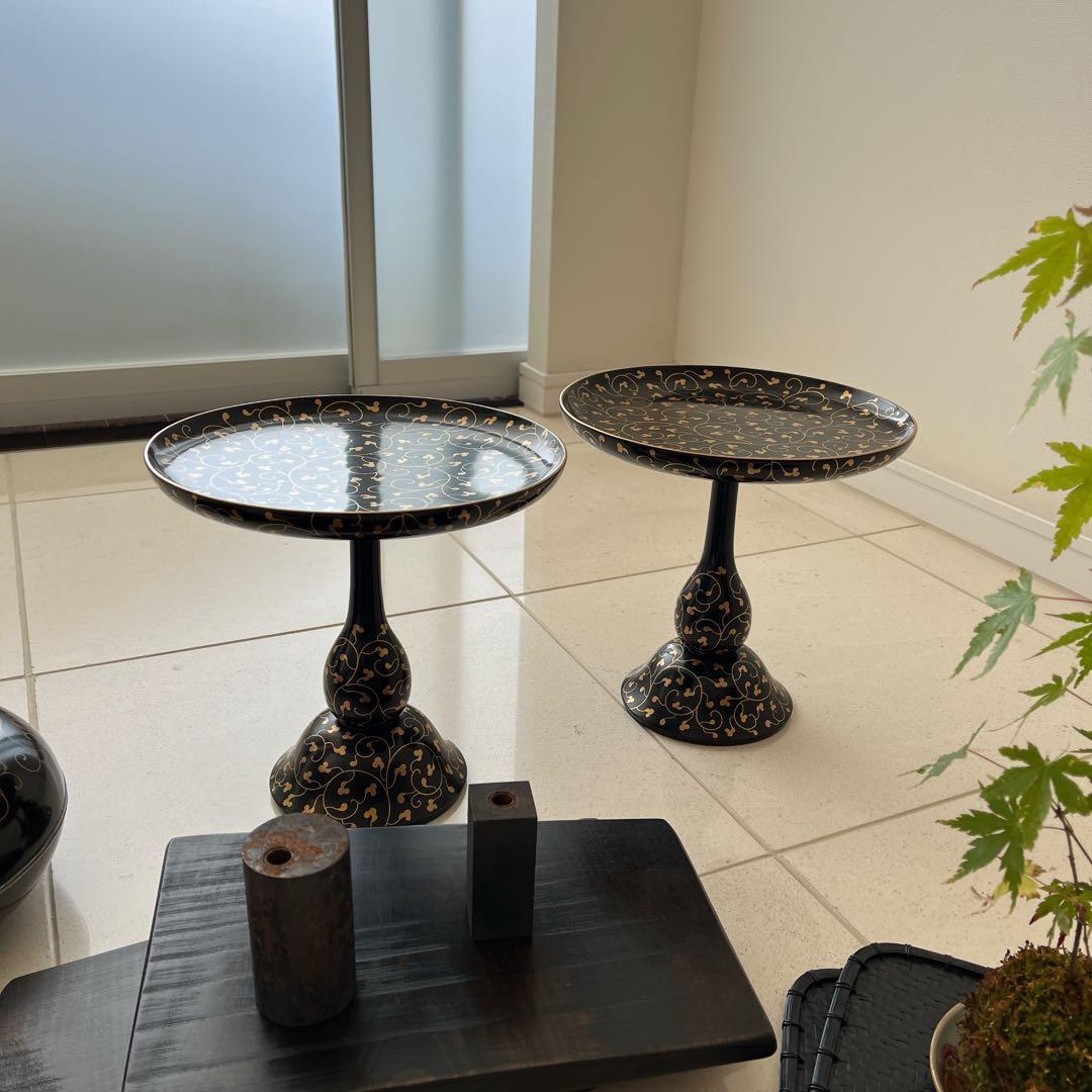 黒塗　唐草蒔絵　高杯　高月　一対