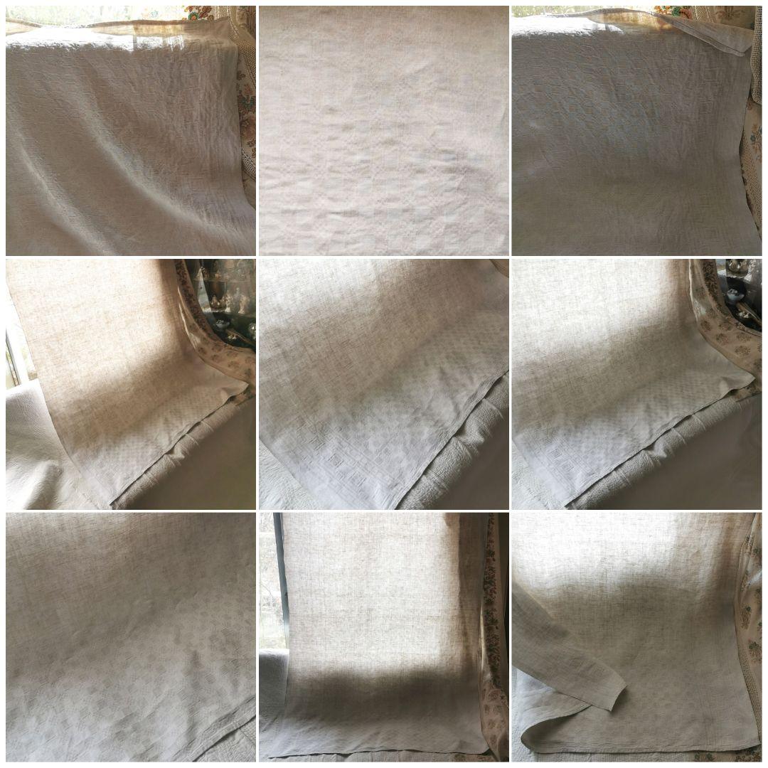 アンティーク フランス1880頃 幾何学模様ダマスク織り天然リネン ラージクロス