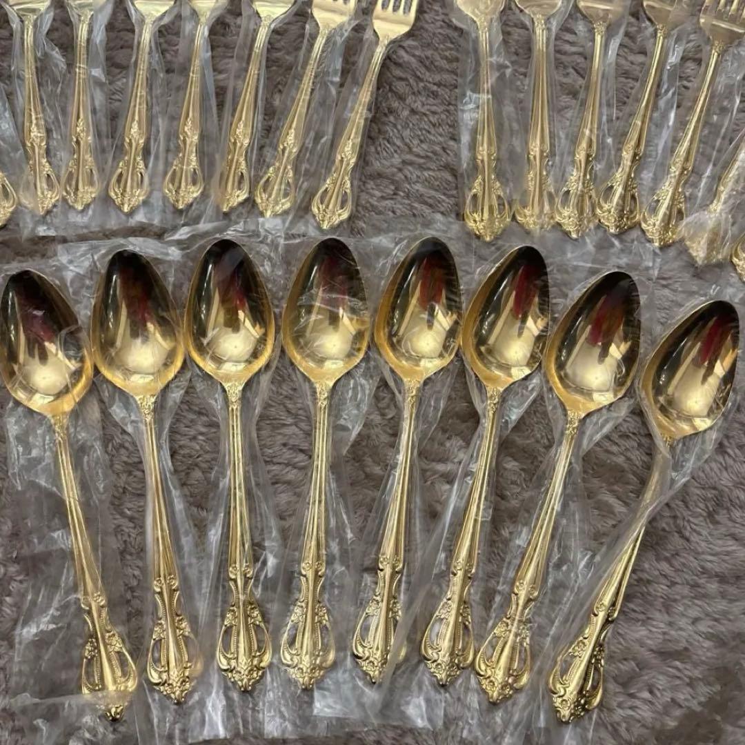 【未使用】サンクラフト 24金仕上げ カトラリーセット 55点 8客用 木箱付