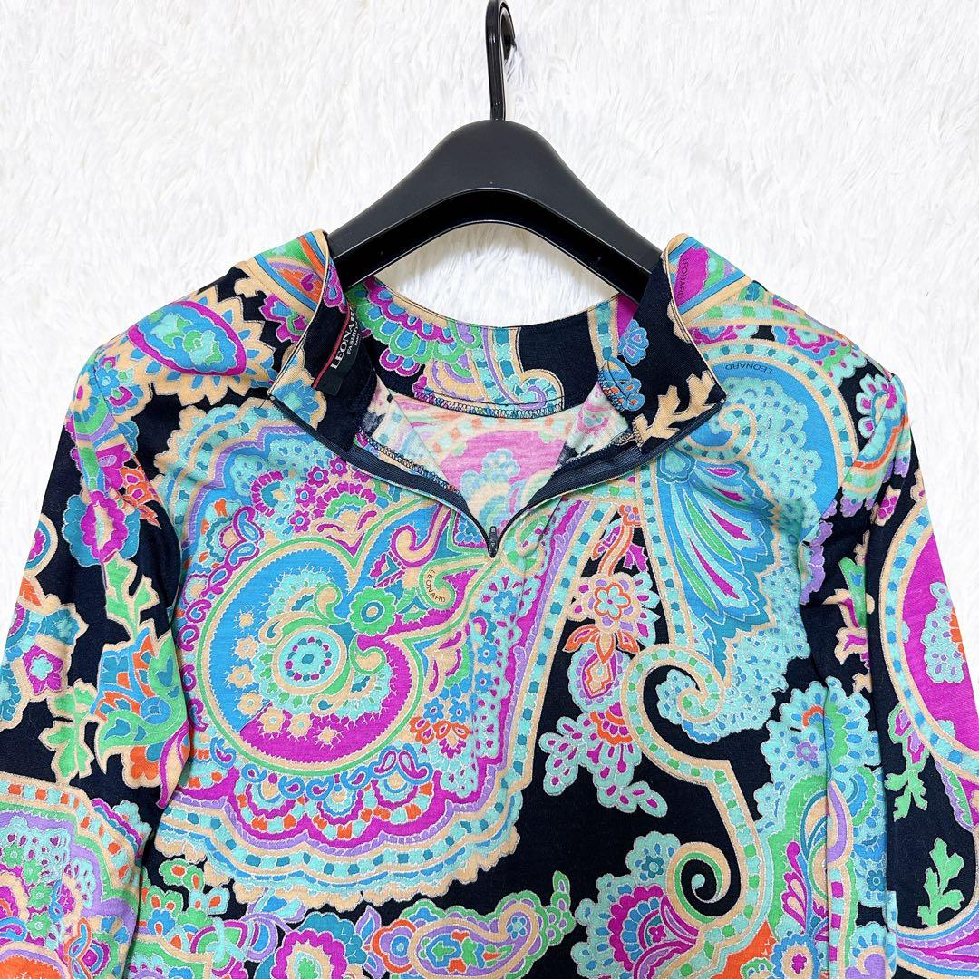 レオナール　カットソー　大きいサイズLL ペイズリー　トリム　ブラック　シルク混