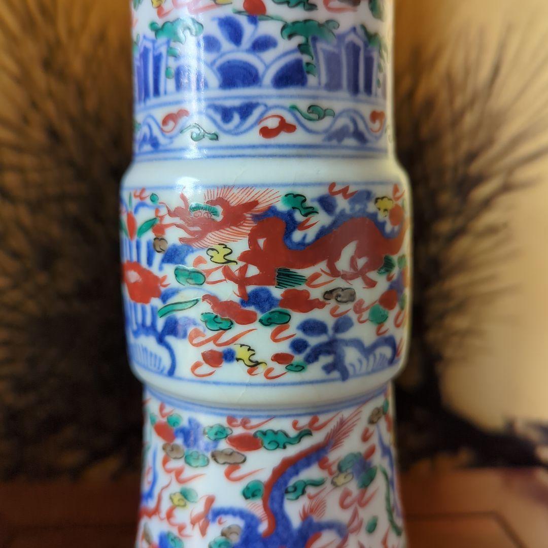 中国古美術　古玩　華道具　大明萬暦年製花器　花瓶　飾り壷　五彩色絵　雲龍鳳凰絵