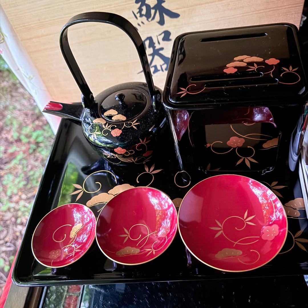 超限定1月21日20時迄‼️JAPAN天然木会津塗お屠蘇器蒔絵松竹梅四ッ揃杉箱入