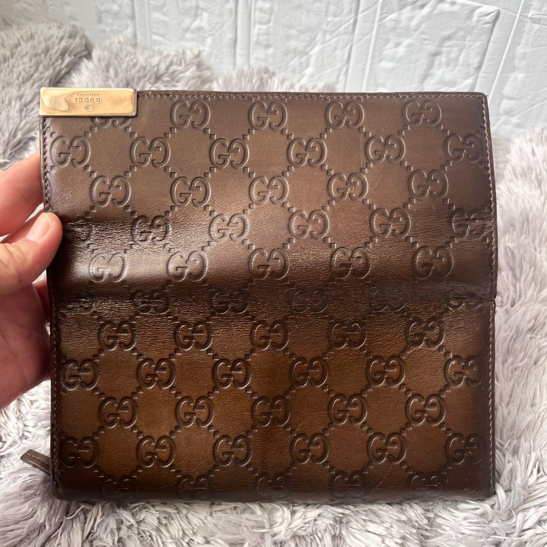 美品✨GUCCI チェーン　ウォレット　長財布　シマ　ロゴプレート　ブロンズ