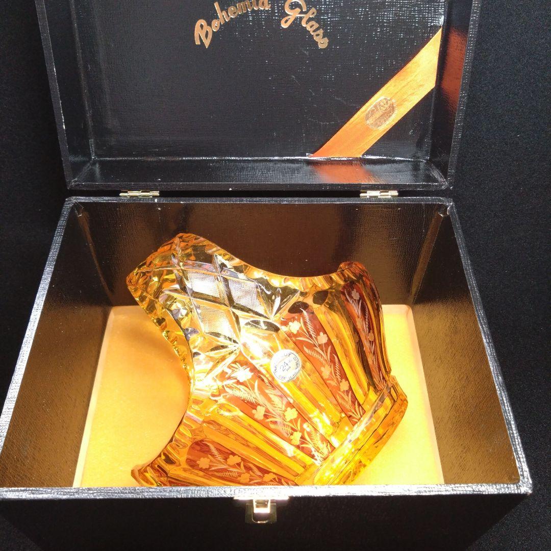 【ボヘミア】超希少！　高級クリスタル　フラワーベース　バスケット　琥珀　イエロー