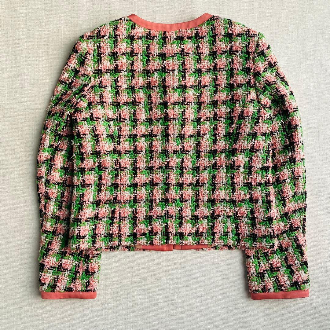 定価9.7万ANAYI ファンシーチェックツィードクルー　ジャケット ピンク 緑