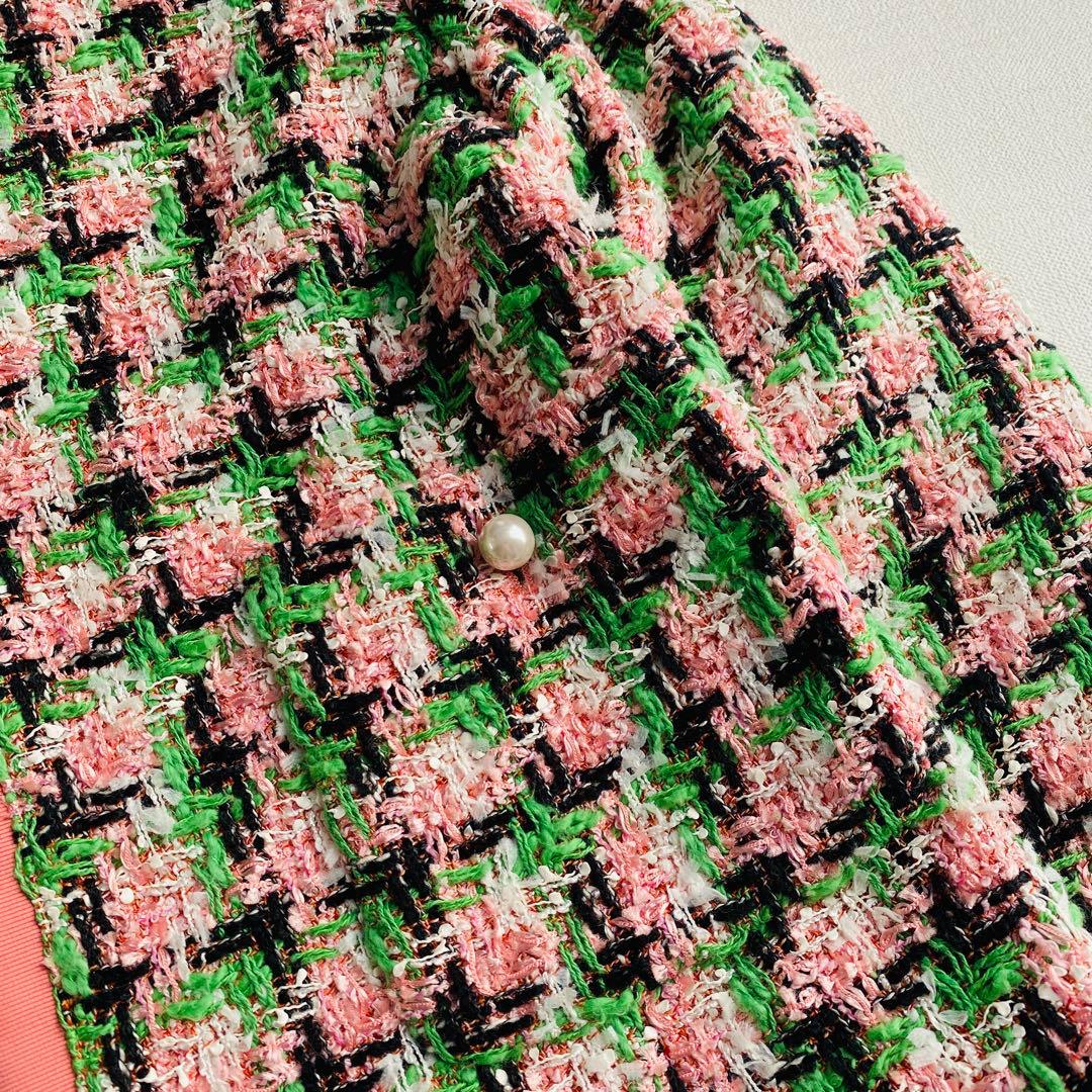 定価9.7万ANAYI ファンシーチェックツィードクルー　ジャケット ピンク 緑