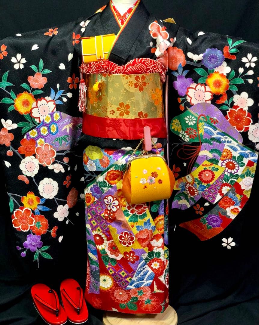 七五三　7歳　熨斗　黒　四つ身　着物　作り帯　セット　女の子　753 七歳