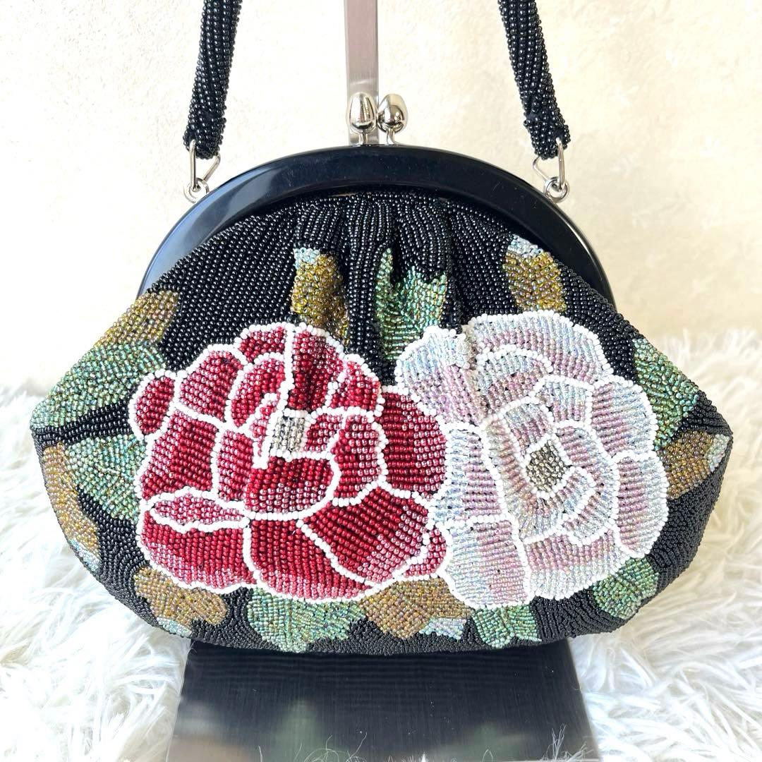 ビーズバッグ　和装バッグ　和装小物　花柄　美品　がま口