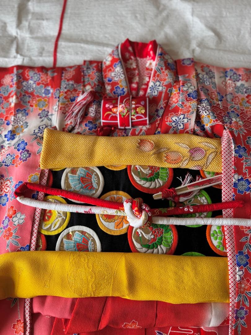 七五三に★逸品　正絹紅型小鳥と吉祥文　七歳着物、帯のセット