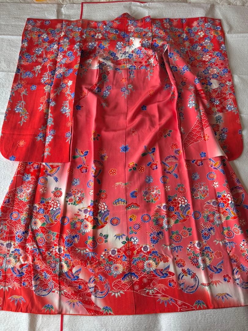 七五三に★逸品　正絹紅型小鳥と吉祥文　七歳着物、帯のセット