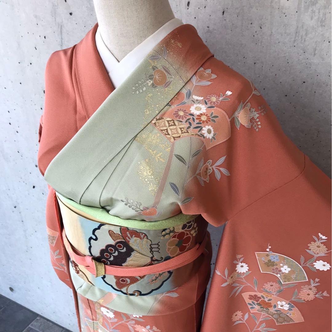 【染め分け】正絹　訪問着　扇に花橘　金箔　袷
