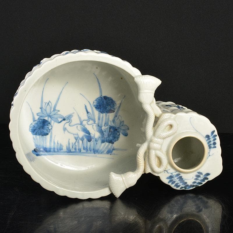 瀬戸焼　古瀬戸　書道具　染付　花鶴文　瓢箪形　筆洗　水盂　F　R7455