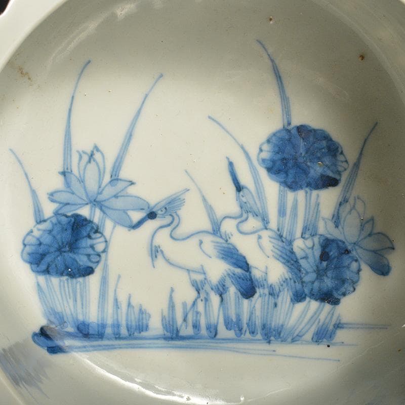 瀬戸焼　古瀬戸　書道具　染付　花鶴文　瓢箪形　筆洗　水盂　F　R7455