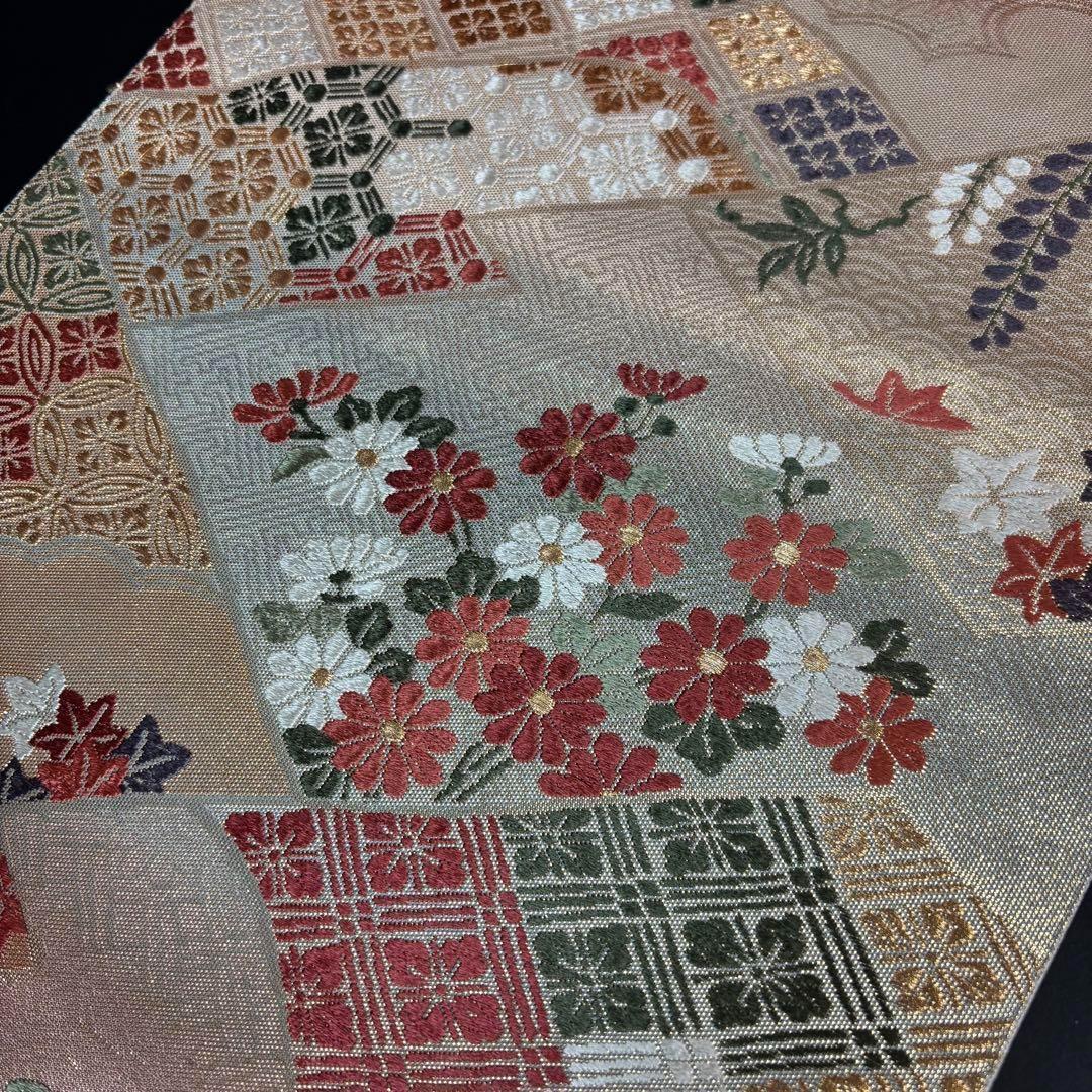 YU-034 袋帯 西陣織 藤 菊 楓 六通 正絹 名品 高級