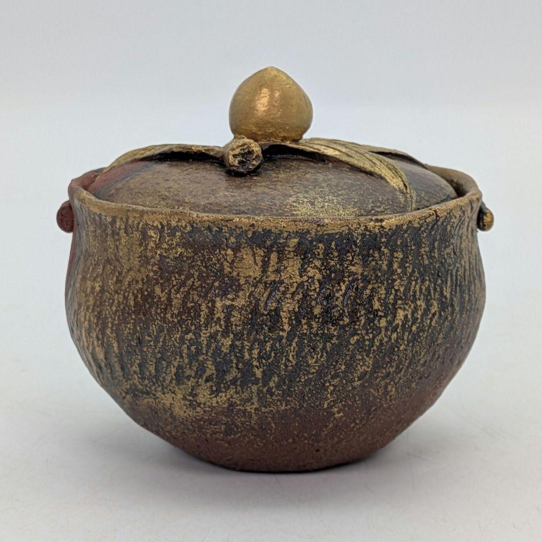 鈴木篤夫 備前焼 金彩備前桃摘宝瓶 四方桟共箱共布栞 手造り宝瓶 煎茶道具 モモ