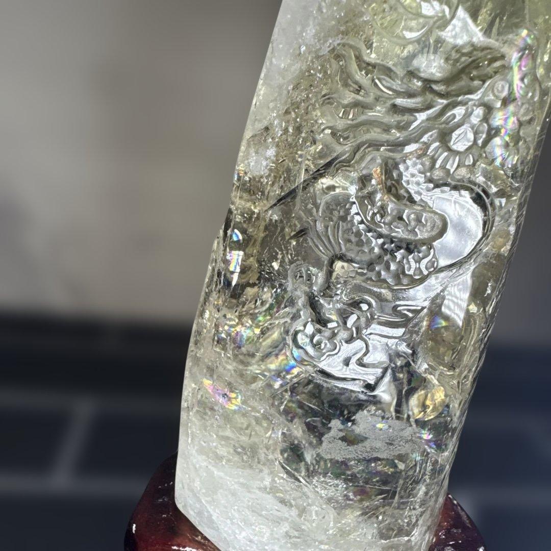 【コレクション】龍彫刻 シトリン原石 747g 高透明 虹入り 台座付