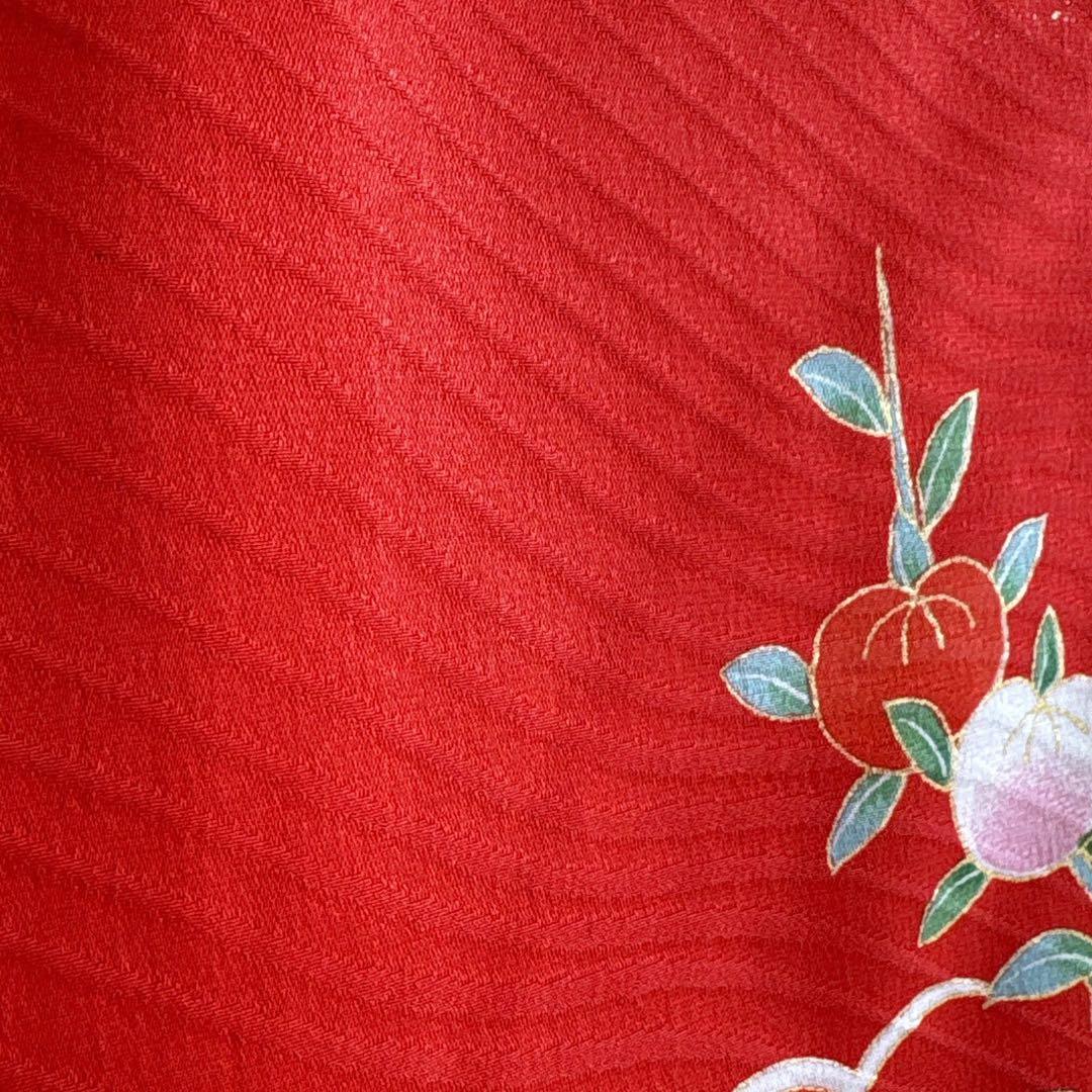 フルセット　七五三７歳女の子　赤黒地絹毬牡丹　新品袋帯緑地　簡単半襟　7126