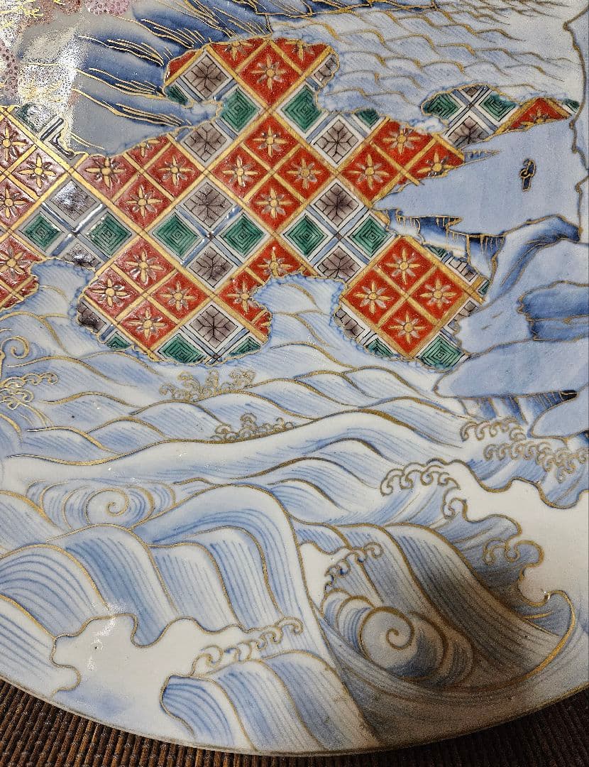 【名品❗】江戸末期～明治初期　古伊万里　金襴染錦　桜に雲錦大波市松文　最上作大皿