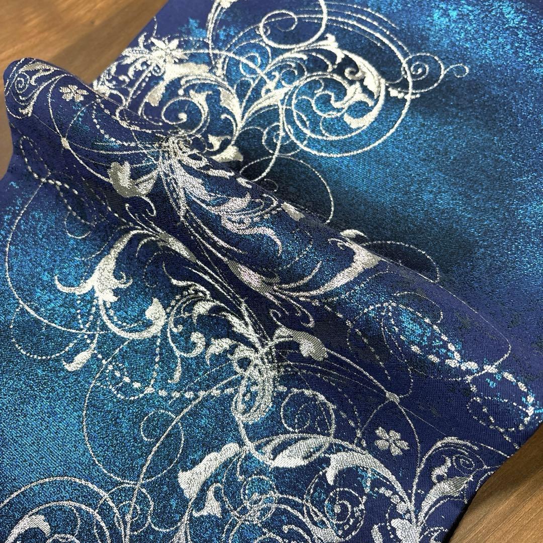 新品未使用 正絹 六通袋帯 西陣織【銀青 唐草】