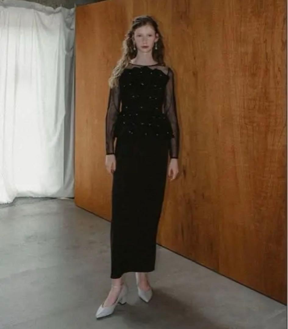 Et.UNiVER 黒 シースルー長袖 ペプラムドレス　L