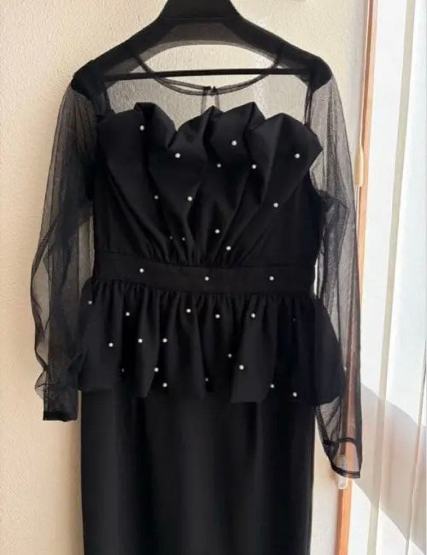 Et.UNiVER 黒 シースルー長袖 ペプラムドレス　L