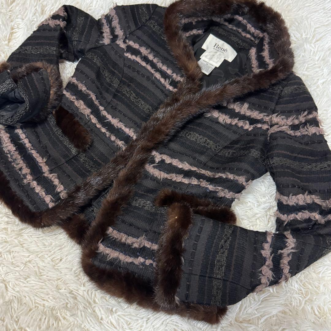 Rene ルネ TISSUE社 ツイードジャケット スタンドカラー 36 ミンク