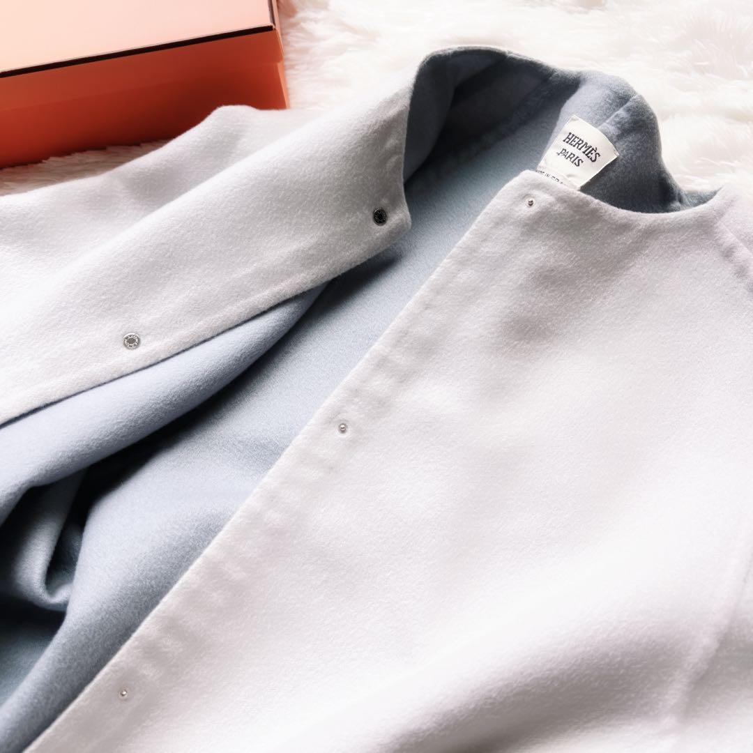 美品　HERMÈSエルメス カシミヤ ショート　ノーカラー　コート　ブルーグレー