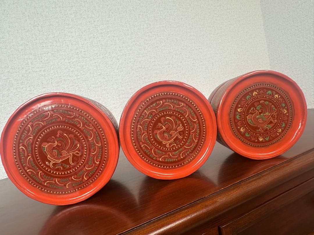 ミャンマー アンティーク 漆器 蒟醤 ビルマ 細密画 3段入れ子容器 ※31※