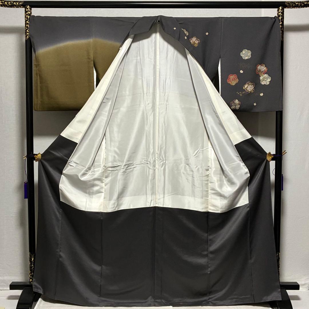 D137 訪問着　桜　金駒刺繍　花模様　ちりめん　極美品