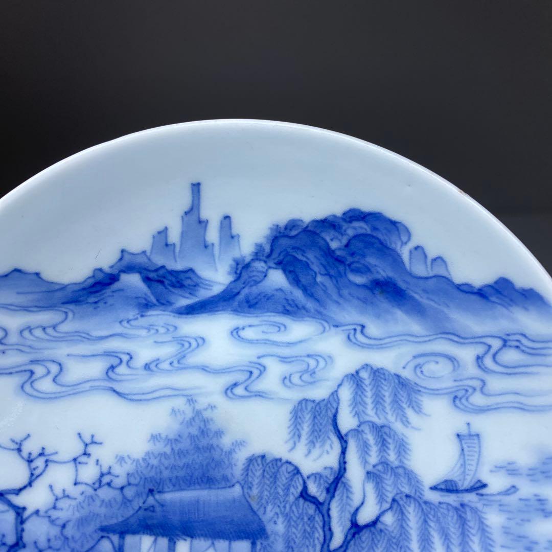 江戸中後期　極上手鍋島焼染付山水風景画皿　木箱付　本Y7-0331☆1Fタニト