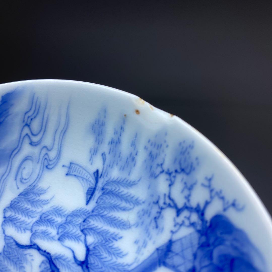 江戸中後期　極上手鍋島焼染付山水風景画皿　木箱付　本Y7-0331☆1Fタニト