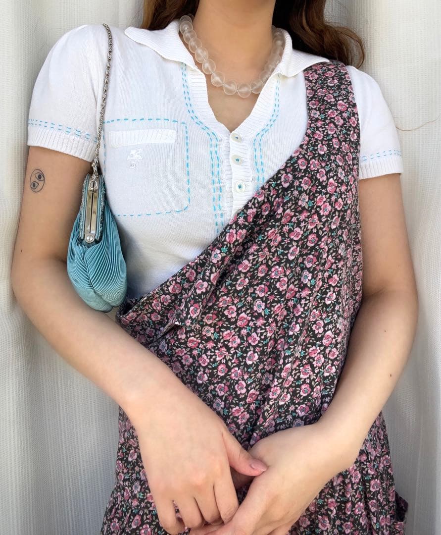 ヴィンテージ Courreges ブルーステッチ コットンポロシャツ