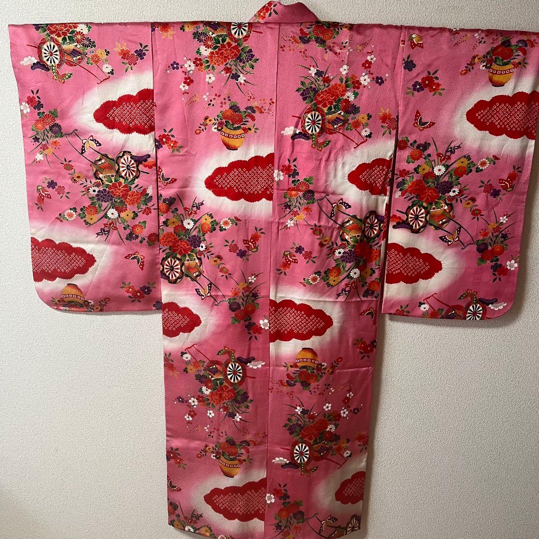 七五三　7歳　ピンク　アンティーク　着物セット　正絹